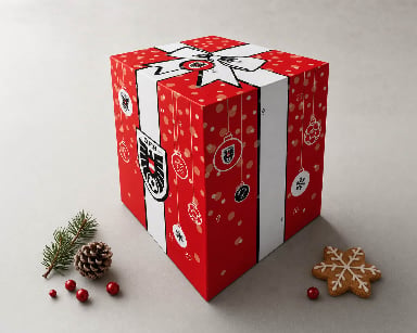 Rote Adventskalender mit Fußballmotiven, Tannenzweig, Zapfen und Weihnachtskeks