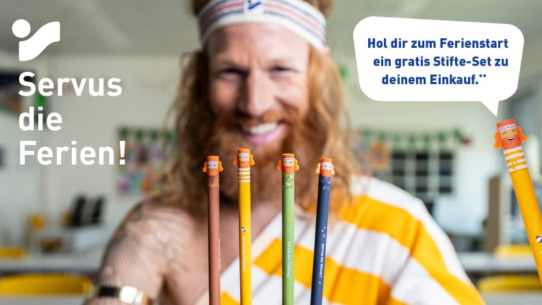 Bunte Kinderstifte mit Motivfiguren zum Schulferien-Start bei einem Einkauf als Gratis-Beigabe.