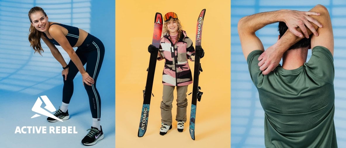 Dreiteilige Darstellung mit einer Frau beim Vorbeugen in Sportkleidung, einer Person mit Skiern und Skibrille sowie einem Mann von hinten beim Dehnen der Arme.