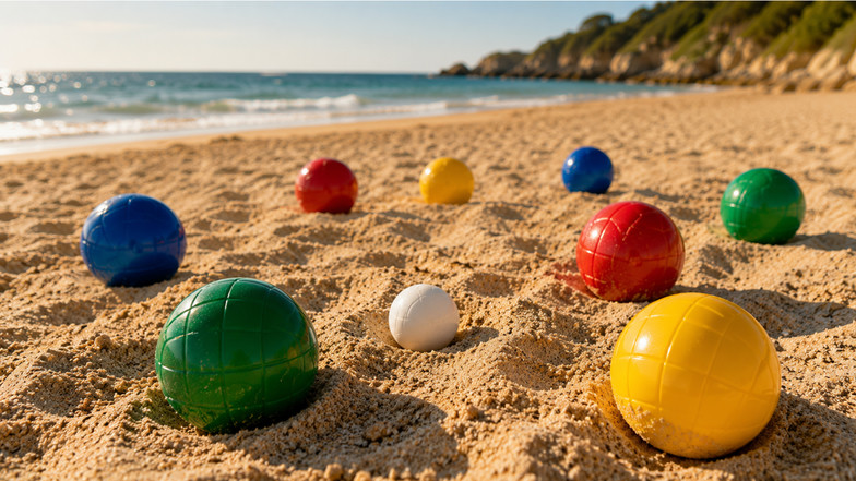 Boccia-Kugeln liegen verteilt im Sand rund um die Zielkugel am Strand – ein laufendes Boccia-Spiel bei sonnigem Sommerwetter.