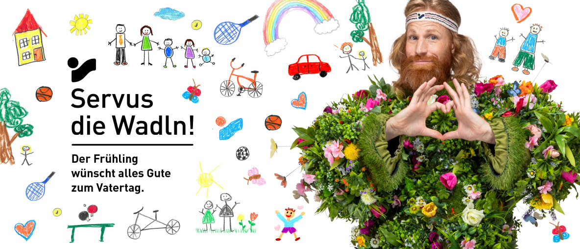 Der Frühling (Mann in einem Blätter- und Blumenkostüm) umgeben von bunten Kinderzeichnungen und einem Textgruß zum Vatertag.