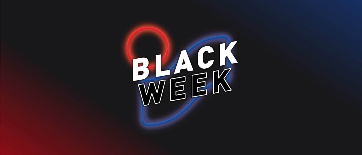 Schwarzer Hintergrund und ein leuchtendes INTERSPORT Logo, im Vordergrund steht Black Week.