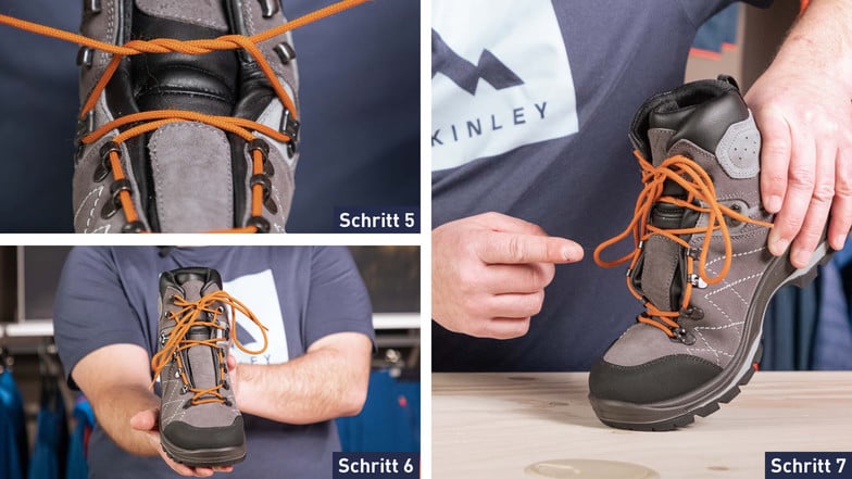 Schritt für Schritt-Anleitung der Parallelschnürung von Wanderschuhen, um Druckstellen zu vermeiden (Schritt 5–7).