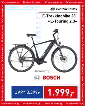 Genesis E-Trekkingbike 28" in Schwarz mit Bosch-Antrieb, UVP 3.399 €, jetzt für 1.999 €.