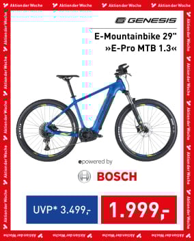 Genesis E-Mountainbike 29" in Blau mit Bosch-Antrieb, UVP 3.499 €, jetzt für 1.999 €.