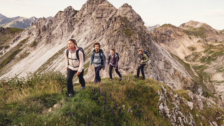 Vier Wanderer gehen entlang eines schmalen Bergrückens mit Blumen, im Hintergrund schroffe, zerklüftete Felsgipfel der Alpen