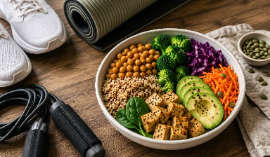 Vegane Buddha Bowl mit Quinoa, Tofu, Kichererbsen, Avocado und Gemüse neben Hanteln, Springseil und Yogamatte als Symbol für ausgewogene Sporternährung.
