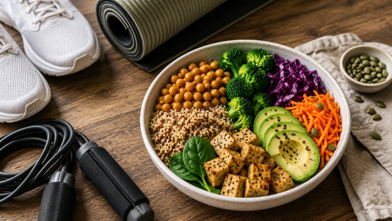 Vegane Buddha Bowl mit Quinoa, Tofu, Kichererbsen, Avocado und Gemüse neben Hanteln, Springseil und Yogamatte als Symbol für ausgewogene Sporternährung.