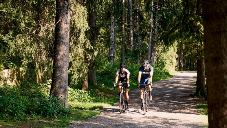 Zwei Radfahrer auf einem sonnigen Weg, der durch einen Wald führt.