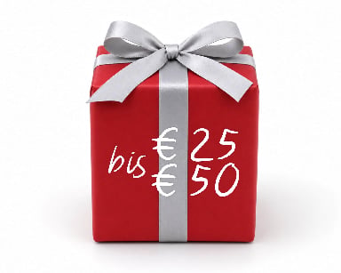 Rotes Geschenkpaket mit silberner Schleife, beschriftet mit bis € 25 und € 50