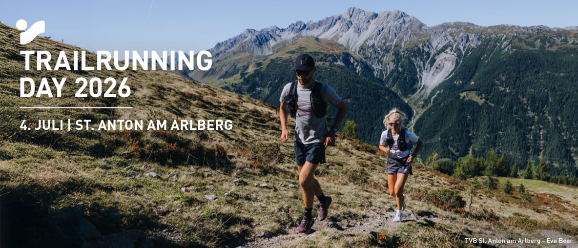 Trailrunning Day am 4. Juli in St. Anton am Arlberg : Zwei Trailrunner auf Bergpfad.