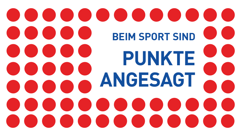 Blauer Text "Beim Sport sind Punkte angesagt", umgeben von einem Raster roter Punkte.