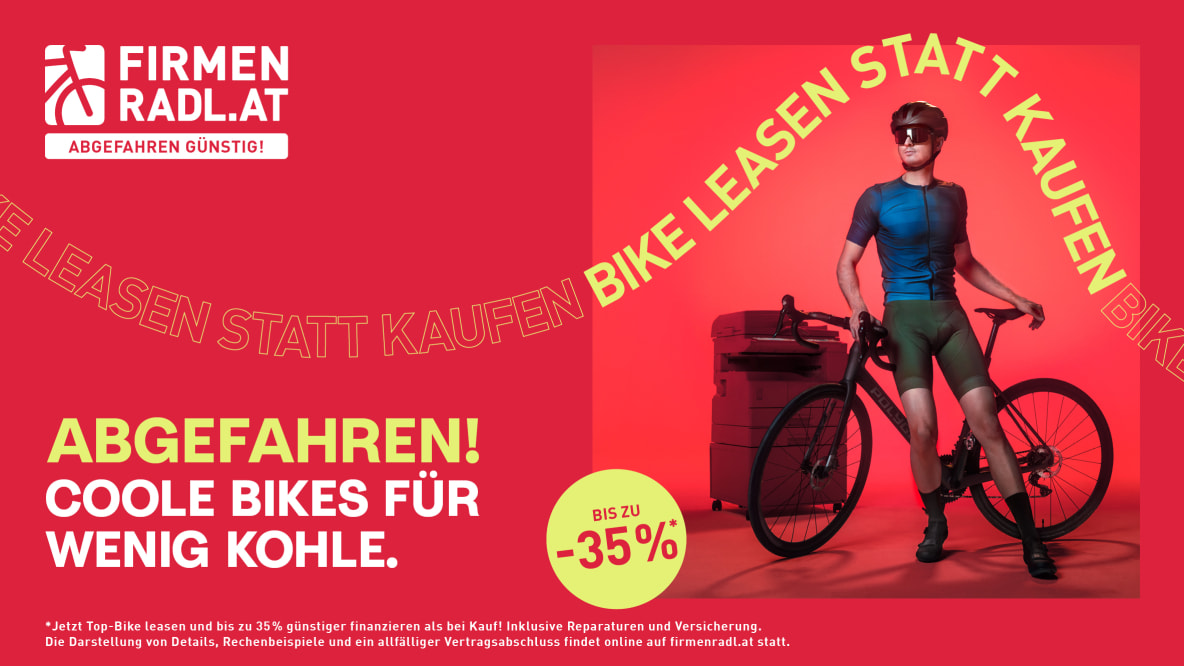 Mann in Sportkleidung mit Rennrad vor rotem Hintergrund. Darüber der Text "Bike leasen statt kaufen".