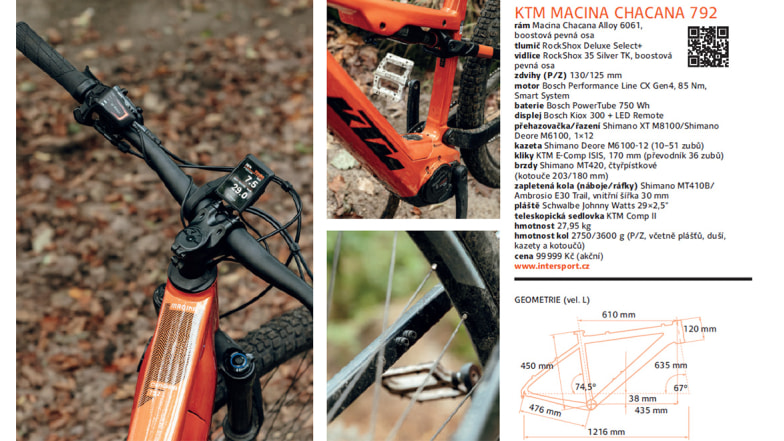 Koláž detailů elektrokola KTM Macina Chacana 792 – řídítka s displejem Bosch Kiox, rám s integrovaným motorem Bosch, zadní stavba a schéma geometrie rámu.