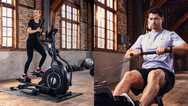 Frau trainiert auf einem Crosstrainer und Mann auf einem Rudergerät in einem Fitnessraum mit Backsteinwänden