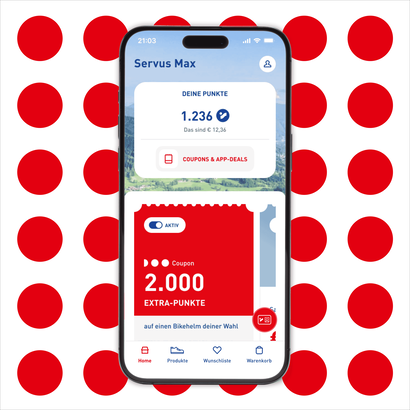 Die INTERSPORT App auf einem Handyscreen – im Hintergrund rote Punkte.