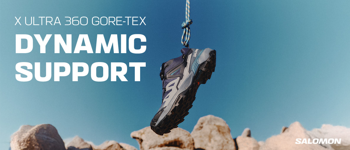 Treková bota Salomon X Ultra 360 GORE-TEX na laně nad skalami – připravená na cokoliv.