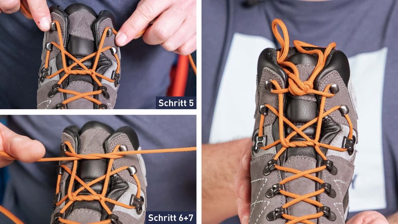 Schritt für Schritt-Anleitung der Parallelschnürung von Wanderschuhen, um Druckstellen zu vermeiden (Schritt 5–7).