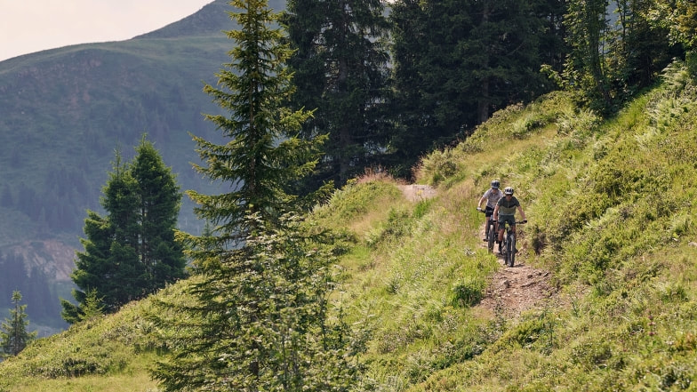 Zwei Mountainbiker fahren auf einem Pfad an einem grünen Berghang.