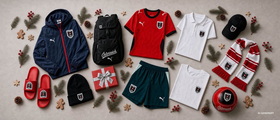 Weihnachtlich dekorierte Österreich-Fanartikel mit Fußballbekleidung, Rucksack, Schal, Ball und Geschenkpaket