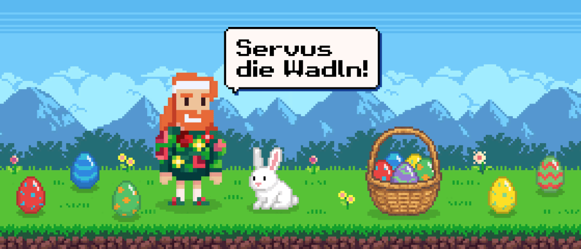 Bärtiger Mann, Hase, Korb und bunte Ostereier in Pixel-Art.