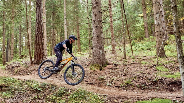 Mountainbiker auf seinem Weg durch den Wald.