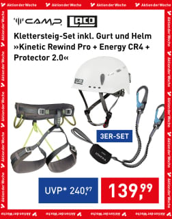 CAMP und LACD Klettersteig-Set bestehend aus Klettergurt, weißem Helm und Klettersteigset im 3er-Sparset