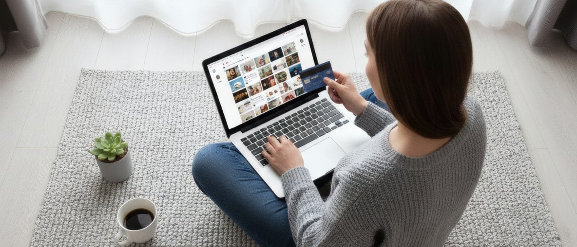 Eine Frau sitzt auf dem Boden und kauft mit ihrer Kreditkarte online ein.