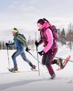 Zwei Personen laufen mit Schneeschuhen und Stöcken durch tiefen Schnee in einer Winterlandschaft.