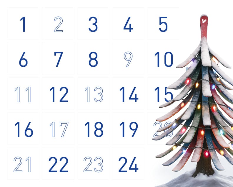 Adventkalender mit Weihnachtsbaum aus Skiern, Schnee und bunten Lichtern.