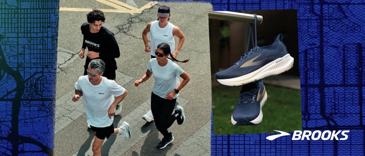 Eine Collage mit vier Läufern und einem Paar Brooks-Laufschuhen.