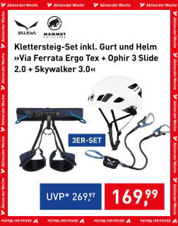 Klettersteig-Set von Salewa und Mammut mit Klettergurt, Helm Skywalker und Ergo Tex Karabiner-Set im Angebot.