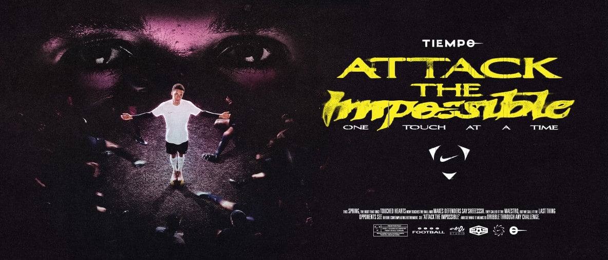 Ein Fußballspieler auf einem dunklen Werbeplakat mit riesigen, starrenden Augen.