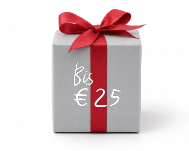 Graues Geschenkpaket mit roter Schleife, beschriftet mit Bis € 25