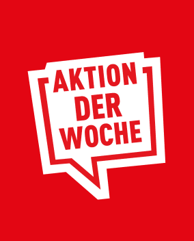 Rote Sprechblase auf rotem Grund mit der weißen Aufschrift Aktion der Woche