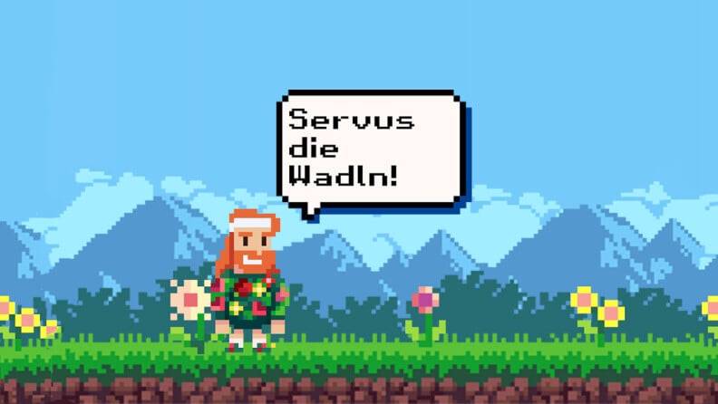 Pixel-Art-Figur Frühling im Blumen-Outfit mit Lauf-Stirnband und dem Spruch Servus die Wadln.