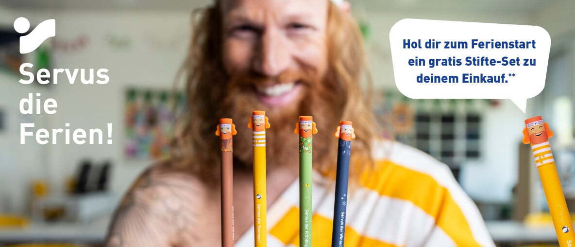 Bunte Kinderstifte mit Motivfiguren zum Schulferien-Start bei einem Einkauf als Gratis-Beigabe.