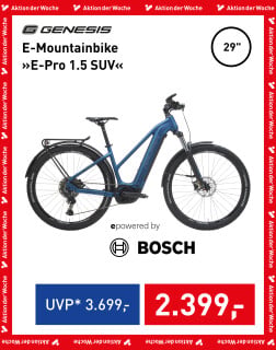 Genesis E-Pro 1.5 SUV E-Mountainbike 29 Zoll in Dunkelblau mit Bosch-Antrieb und Gepäckträger