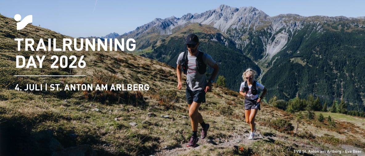Trailrunning Day am 4. Juli in St. Anton am Arlberg : Zwei Trailrunner auf Bergpfad.