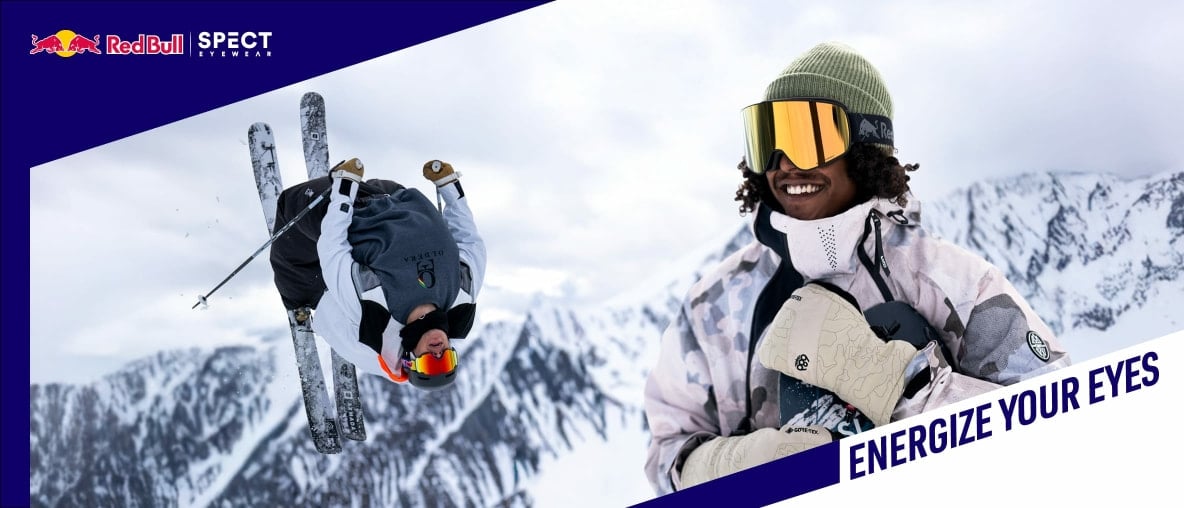 Zwei Männer beim Skifahren in den Bergen mit Red Bull Spect Eyewear.