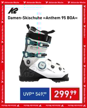 K2 Damen-Skischuhe Anthem 95 BOA in Weiß-Schwarz mit türkisen Akzenten, Aktion der Woche Angebot für 299,99 €.
