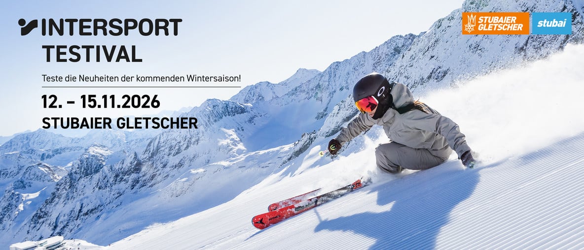 INTERSPORT TESTIVAL am Stubaier Gletscher vom 12. bis 15.11.2026 mit Skifahrerin vor verschneiter Bergkulisse
