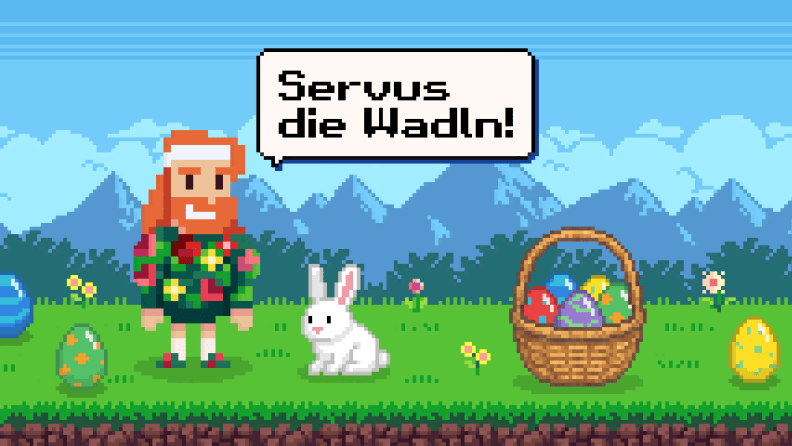 Bärtiger Mann, Hase, Korb und bunte Ostereier in Pixel-Art.