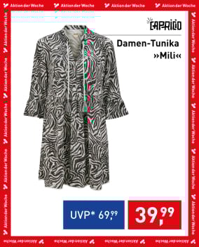 Damen-Tunika Mili von Caprice im schwarz-weißen Zebra-Look mit V-Ausschnitt und Rüschen um € 39,99 statt € 69,99