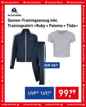 Aktionsbanner für Damen-Trainingsanzug und Shirt-Set von Active Rebel als 3er-Set in Navy und Grau