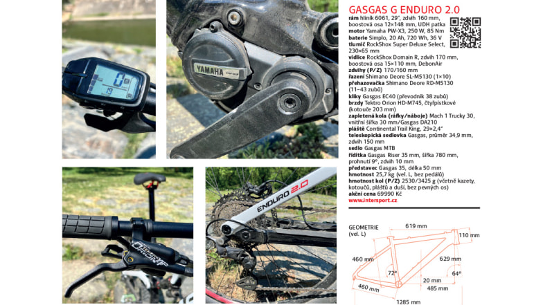 Detailní pohled na komponenty elektrokola GASGAS G Enduro 2.0 včetně motoru Yamaha PW-X3, displeje a řazení Shimano – zvýrazněné technické části kola v přírodním terénu.