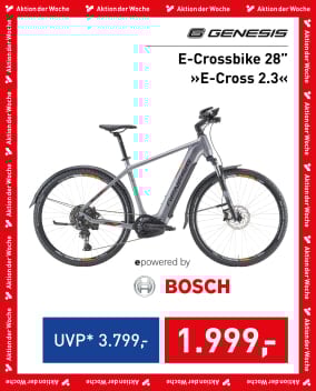 Genesis E-Crossbike 28" in Silber mit Bosch-Antrieb, UVP 3.799 €, jetzt für 1.999 €.