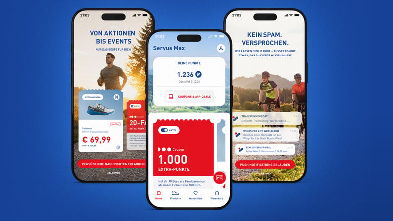 Drei Smartphones mit einer Shopping-App, Coupons, Punkten, App-Deals und Push-Nachrichten vor Outdoor-Fotos