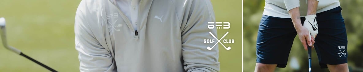 Zwei nebeneinander angeordnete Ausschnitte zeigen die Hände und den Oberkörper eines Golfspielers beim Halten eines Schlägers. Er trägt ein helles Oberteil und dunkle Shorts auf einem unscharfen Golfplatz im Hintergrund.