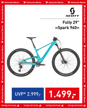Scott Fully 29" »Spark 960« in Türkis mit 29-Zoll-Rädern und reduziertem Preis von 2.999 € auf 1.499 €.